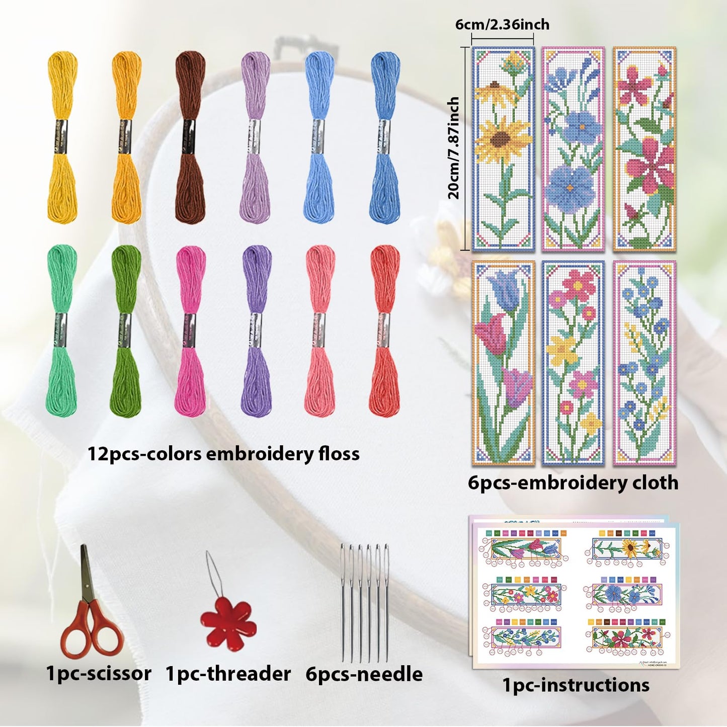 6 Pcs Flower Cross Stitch Bookmark Kit for Beginner with Backing Felt Floss Instruction Sunflowers Tulip DIY Stamped Embroidery Bookmark Kit for Starter Adults Book Lovers