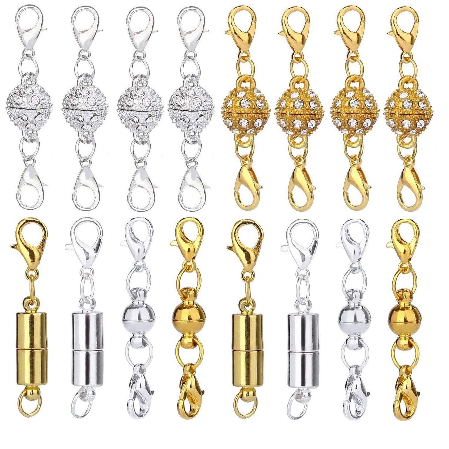 Aiskaer 16 Pcs Magnetic Lobster Clasps for Jewelry Necklace Bracelet, Rhinestone Ball and Cylindrical + Ball Tone Lobster Clasp