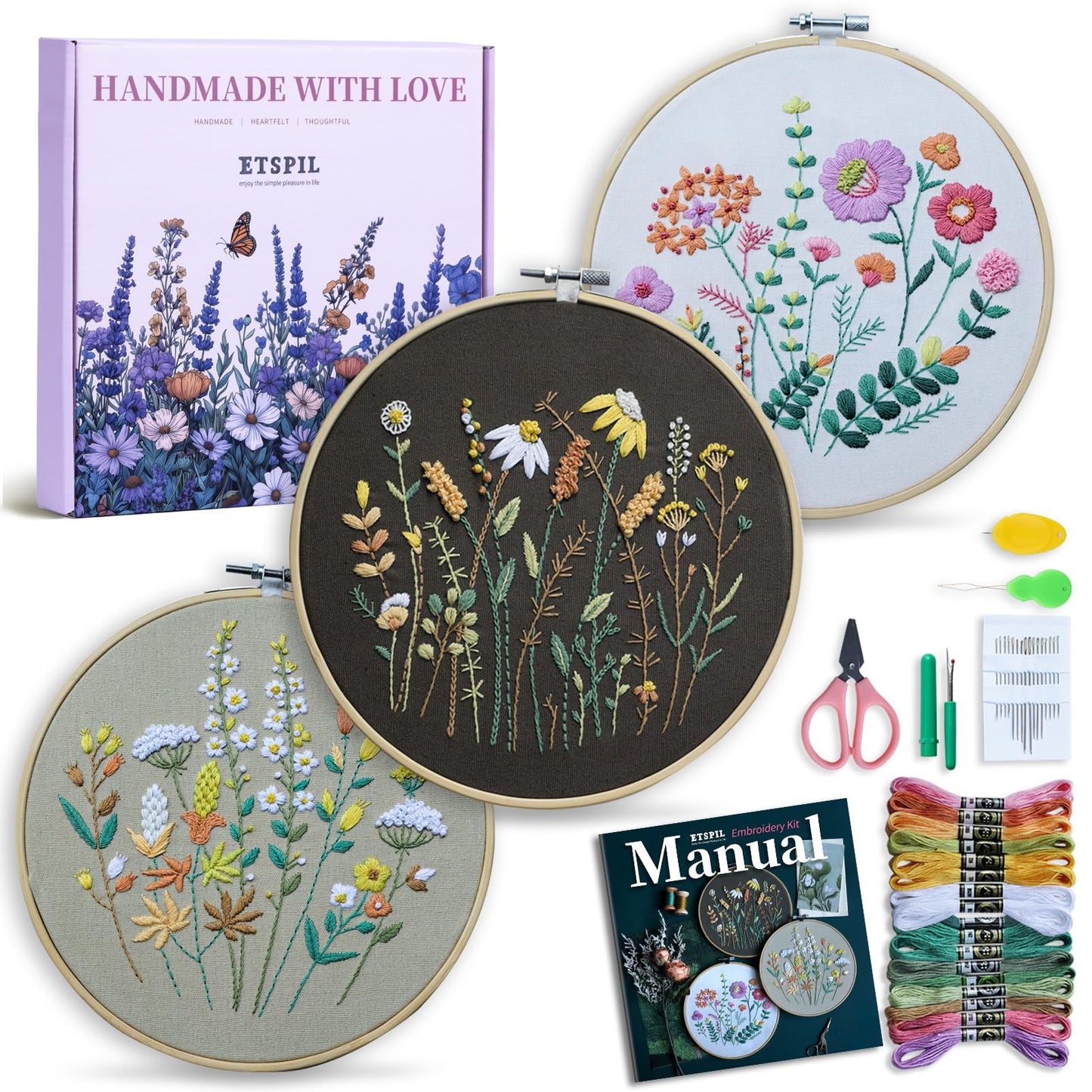 3 Pack Beginner Embroidery Kits, DIY Starter Set with Stamped Flower Designs, Embroidery Hoop, Colorful Threads, Tools