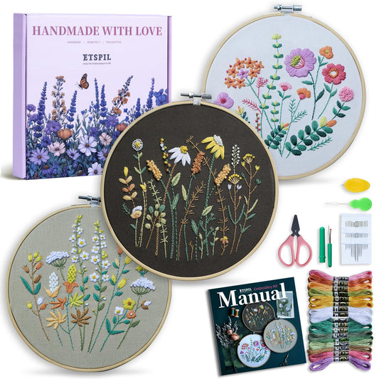 3 Pack Beginner Embroidery Kits, DIY Starter Set with Stamped Flower Designs, Embroidery Hoop, Colorful Threads, Tools