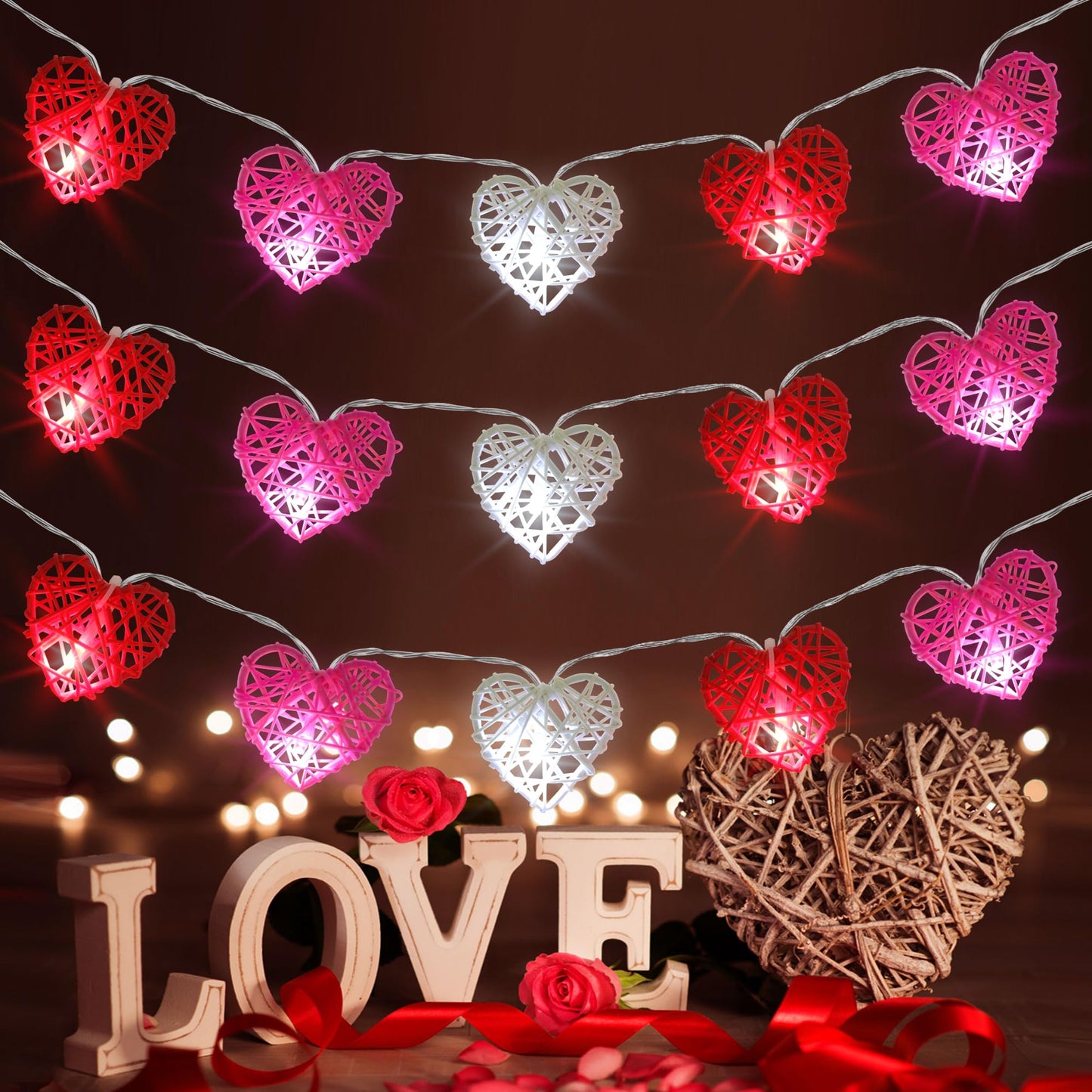 Valentines Day Decorations Red Pink White Heart Lights 10FT 20LED 3D Hollowed Rattan Big Heart String Light Battery Operated, Valentines Day Lights Romantic Valentines Decoration Bedroom Party