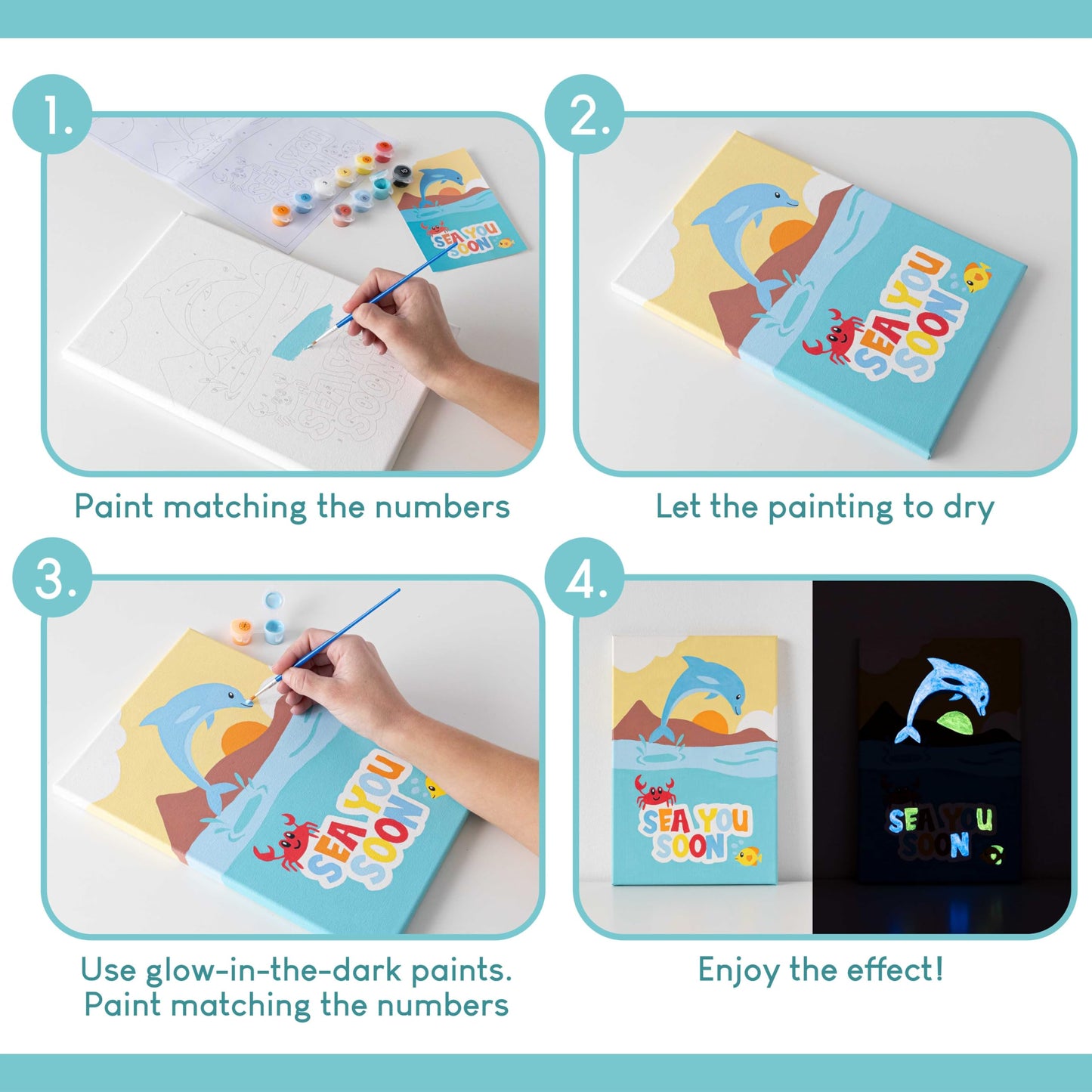 BONNYCO Paint by Numbers Kit for Kids Sea Animals Pack 3 Canvas. Paint by Number Canvas Framed, Ocean Gifts for Kids. Arts and Crafts 4-6 8-12, Pintar por Numeros. Pre Drawn Painting Under Sea Crafts