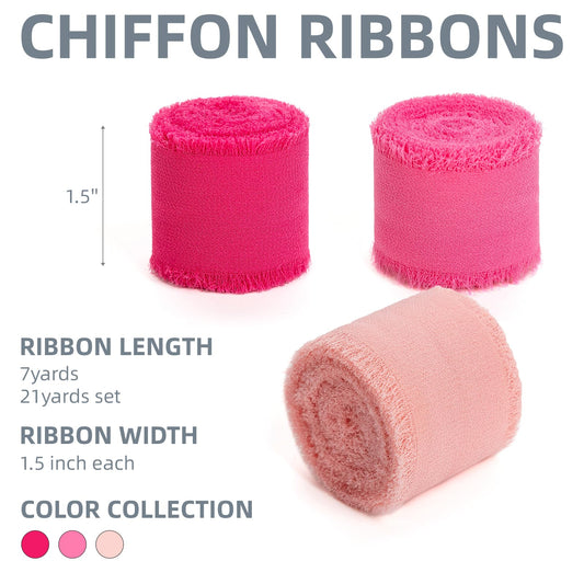 Hot Pink Pastel Pink Handmade Chiffon Ribbon,1.5" x 21Yd Frayed Silk Ribbons for Wreaths Bridal Flower Bouquet Christmas Gift Wrapping Wedding Decor Invitations Decorations (7Yards X 3 Rolls)