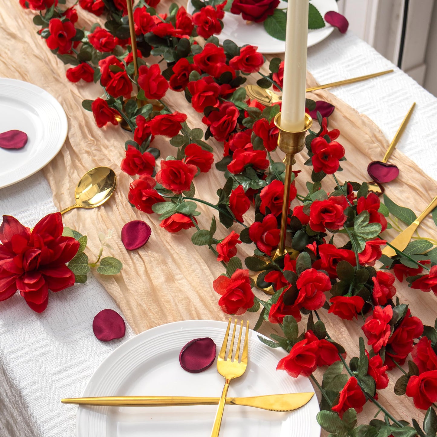 BSMYBO 5Pcs 41FT Artificial Red Flower Garland, Fake Hanging Flower Vines Wine Red Rose with Green Leaves, Faux Silk Flower for Backdrop Decoration Tea Party Wedding Birthday Anniversary Bedroom