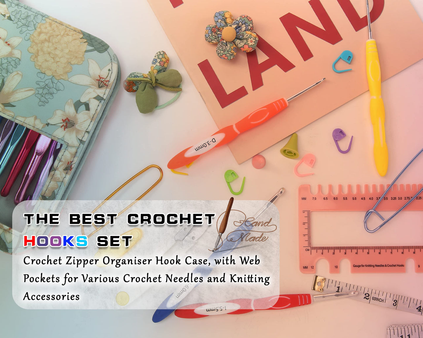 Looen 61Pcs Ergonomic Crochet Hooks Set, 22size (0.75mm-10mm), with Case for Arthritic Hands, Extra Long Crochet Needles, Nice Gift (Green)