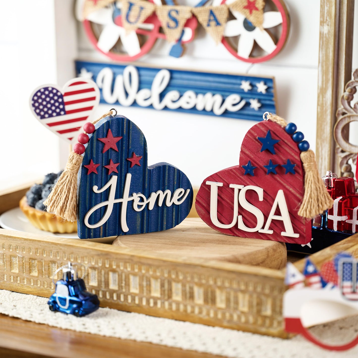 Valery Madelyn 4th of July Table Decorations, 2 Pcs Wooden Memorial Day Decorations Patriotic Decor Heart Centerpieces, Red White and Blue Americana Home USA Sign for Independence Day, 4 inch