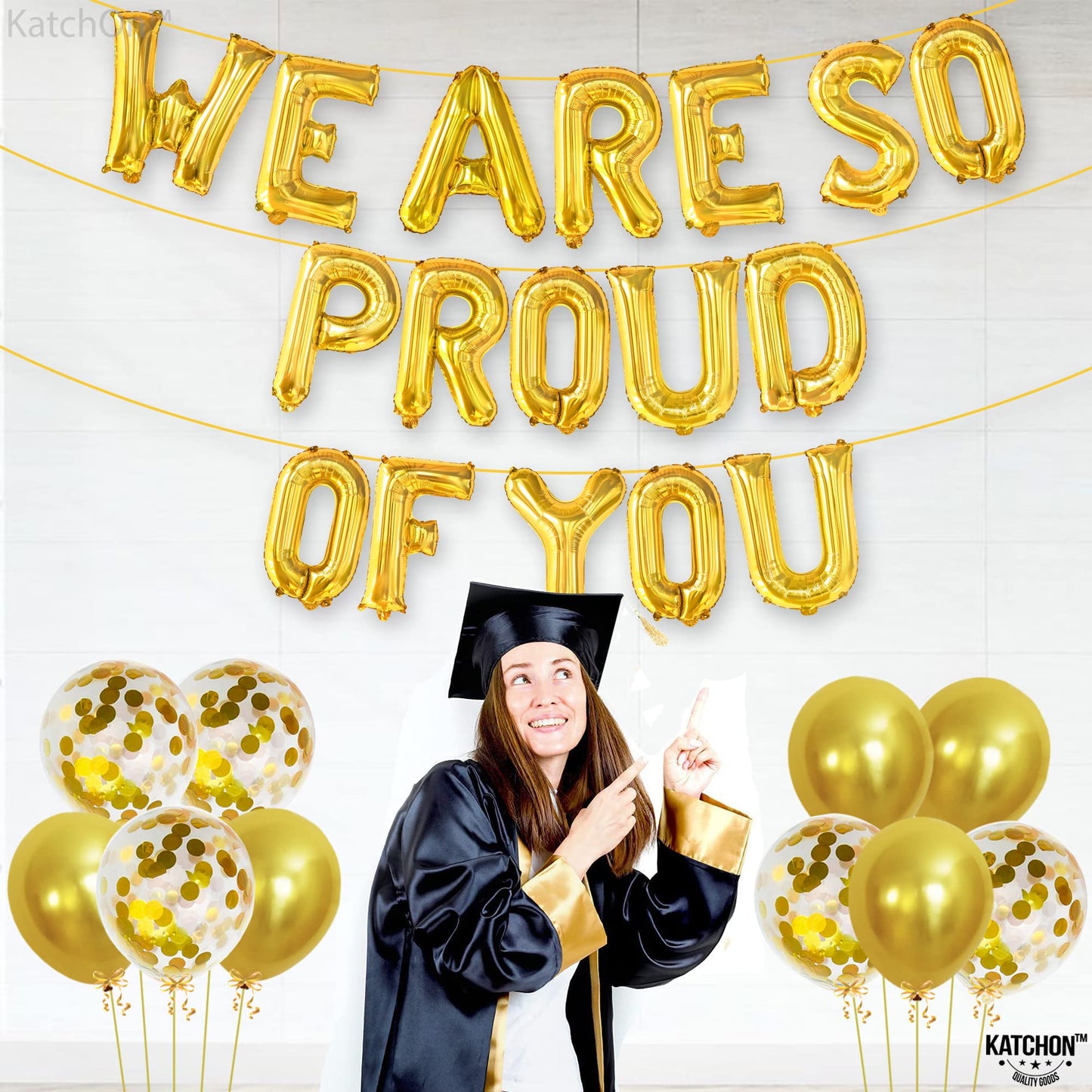 Katchon, We Are So Proud of You Balloon Banner - 16 Inch, Pack of 27 | Foil Gold Balloon Banner For Graduation Decorations 2026 | Grad Party Decor, 2026 Graduation Decorations