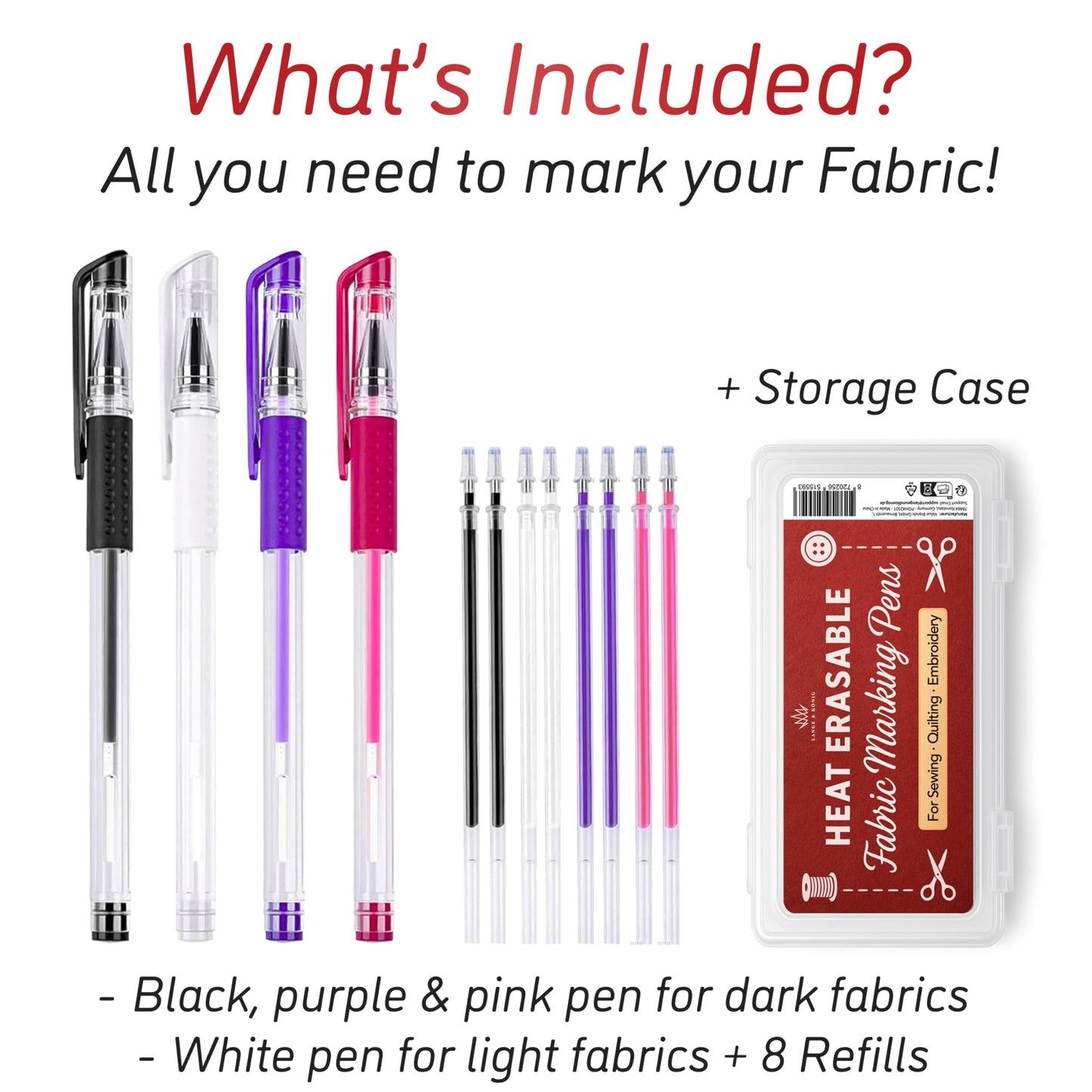 Lange & König Heat Erasable Fabric Marking Pens for Sewing - 4 Pens + 8 Refills - Sewing Supplies Quilting Supplies Sewing Accessories Embroidery Supplies Pen Tailors Chalk Fabric Chalk Alternative