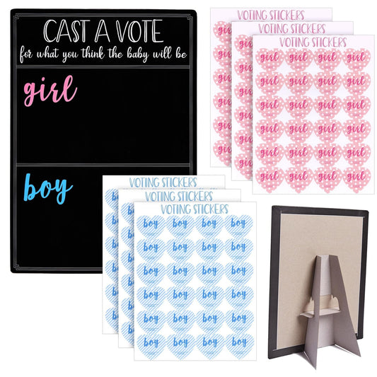 Juvale Baby Shower Decorations Gender Reveal Voting Board & Boy or Girl Guessing Board - Black Chalkboard 12 x 17 in - Baby Shower Game with 144 Pink & Blue Heart Voting Stickers