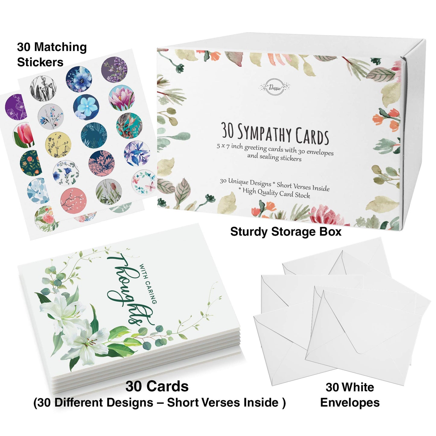 30 Unique Sympathy Cards With Greetings Inside. 30 Different, Large Greeting Cards With Envelopes and Matching Sealing Stickers. Includes Sturdy Storage Box.
