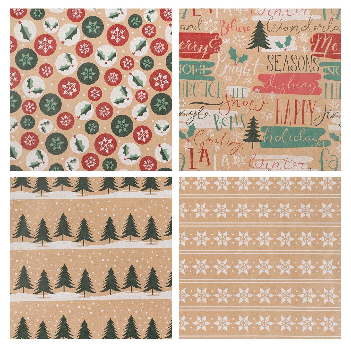 Christmas Wrapping Paper, Kraft Paper - Christmas Tree, Snowflake and Seasonal Brocade Style Designs - 4 Rolls - 30 inches x 10 feet per Roll