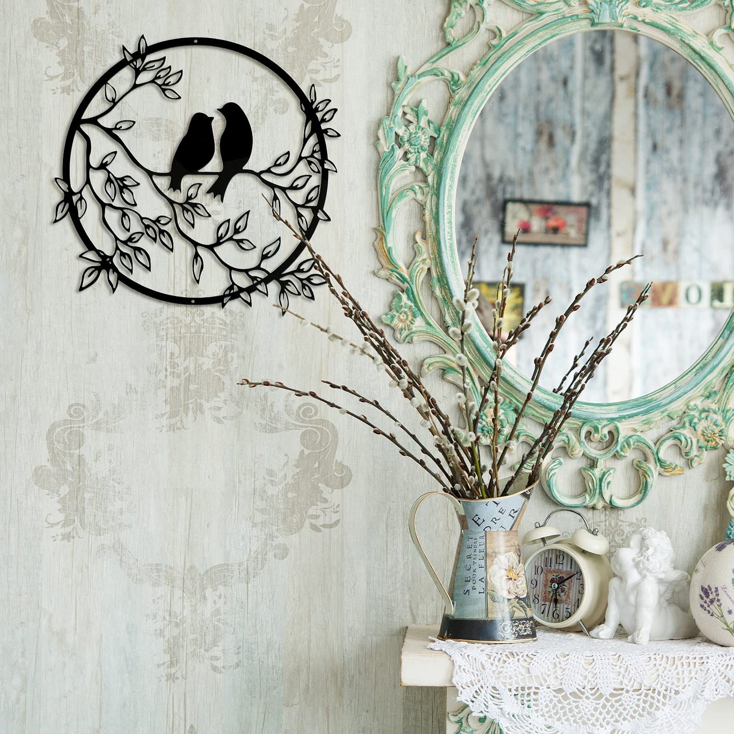 Metal Wall Art Bird on Tree Branch Silhouette Bird Art Decor for Living Room Garden Bedroom Office Home Wall Housewarming Party Decor(Black)