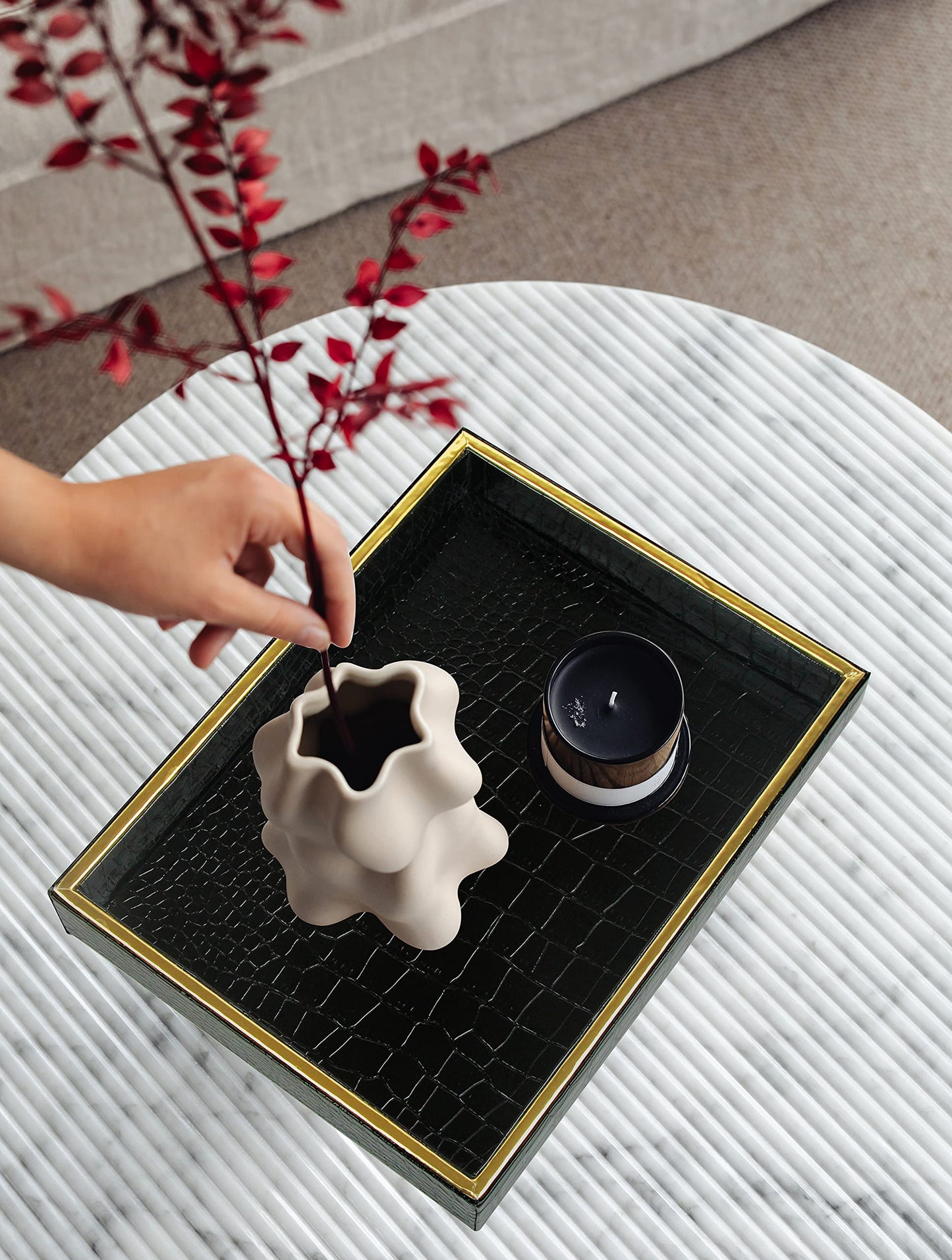 HofferRuffer Faux Leather Vanity Tray, Elegant Desktop Storage Organizer, Decorative Catchall Perfume Tray, Bathroom Valet Tray, Nightstand or Dresser Organizer (Black Croco)