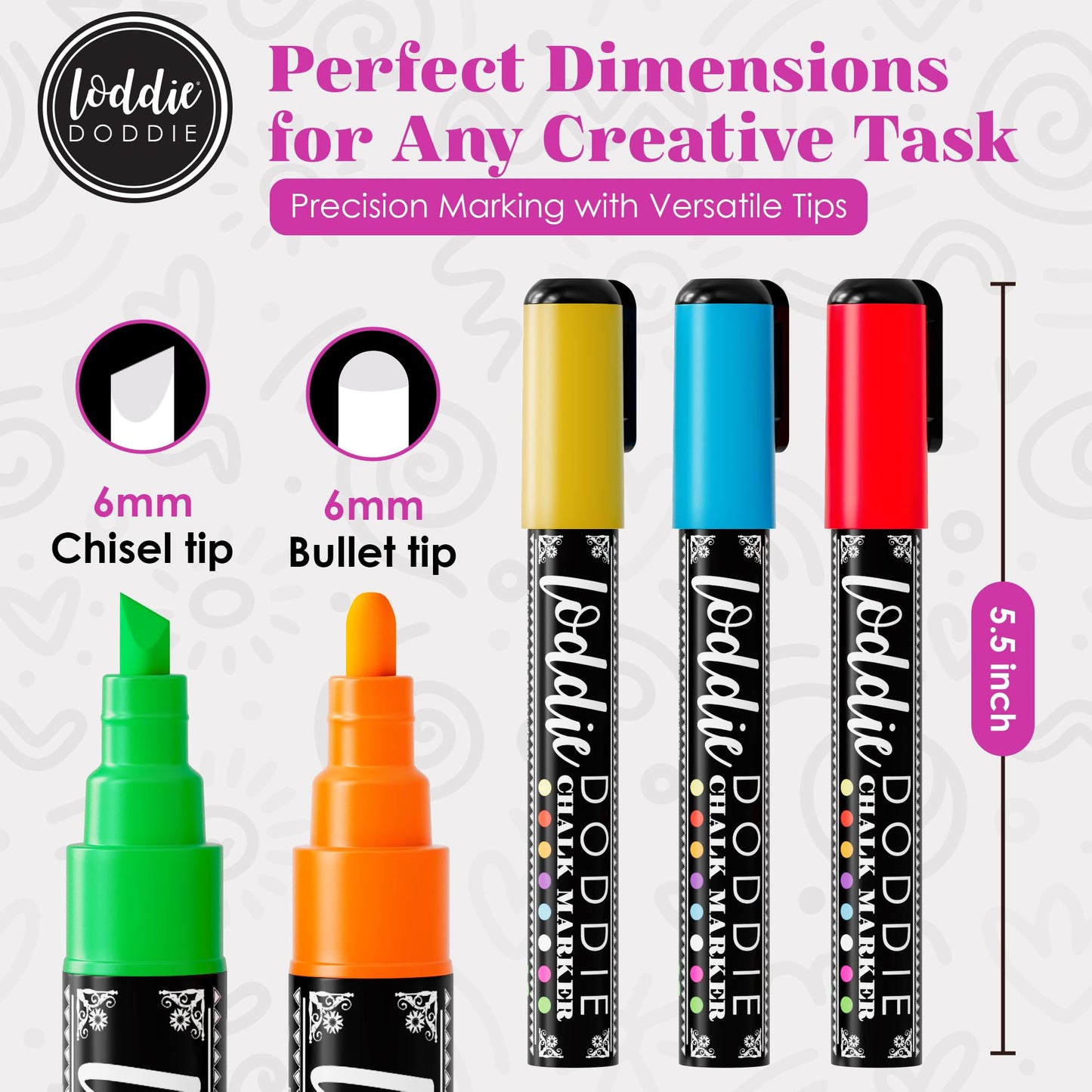 Loddie Doddie Liquid Chalk Markers - 8-Pack, 6mm Dual Tips - Chalk Markers for Blackboard & Chalkboard Paint - Washable Window Pens for Glass - Erasable Pens