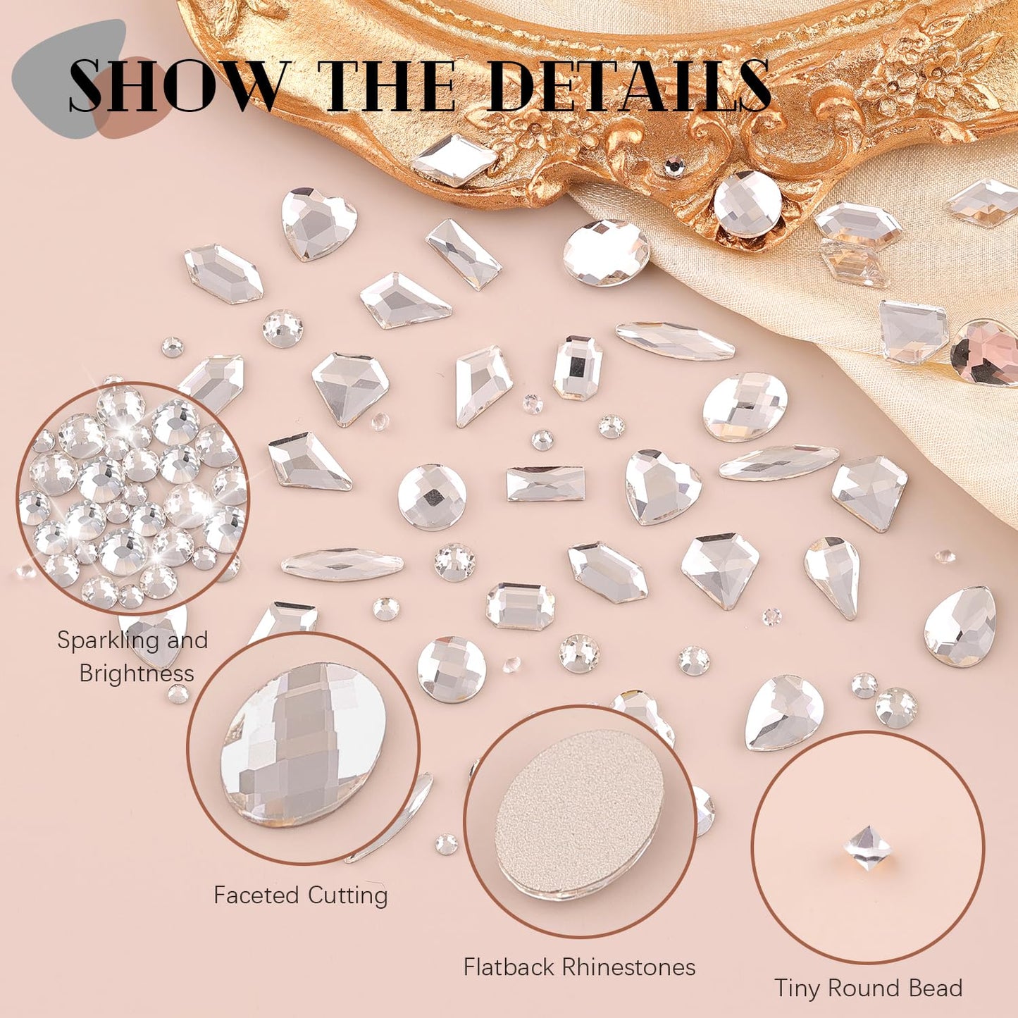 2630Pcs Clear Glass Nail Rhinestones 120Pcs Multi Shapes Flatback Gems Crystal + 2510Pcs 1.5-4mm Round Beads with Rhinestones Glue Gel, Manicure Diomand Jewelry Gemstones for Nail Design Makeup