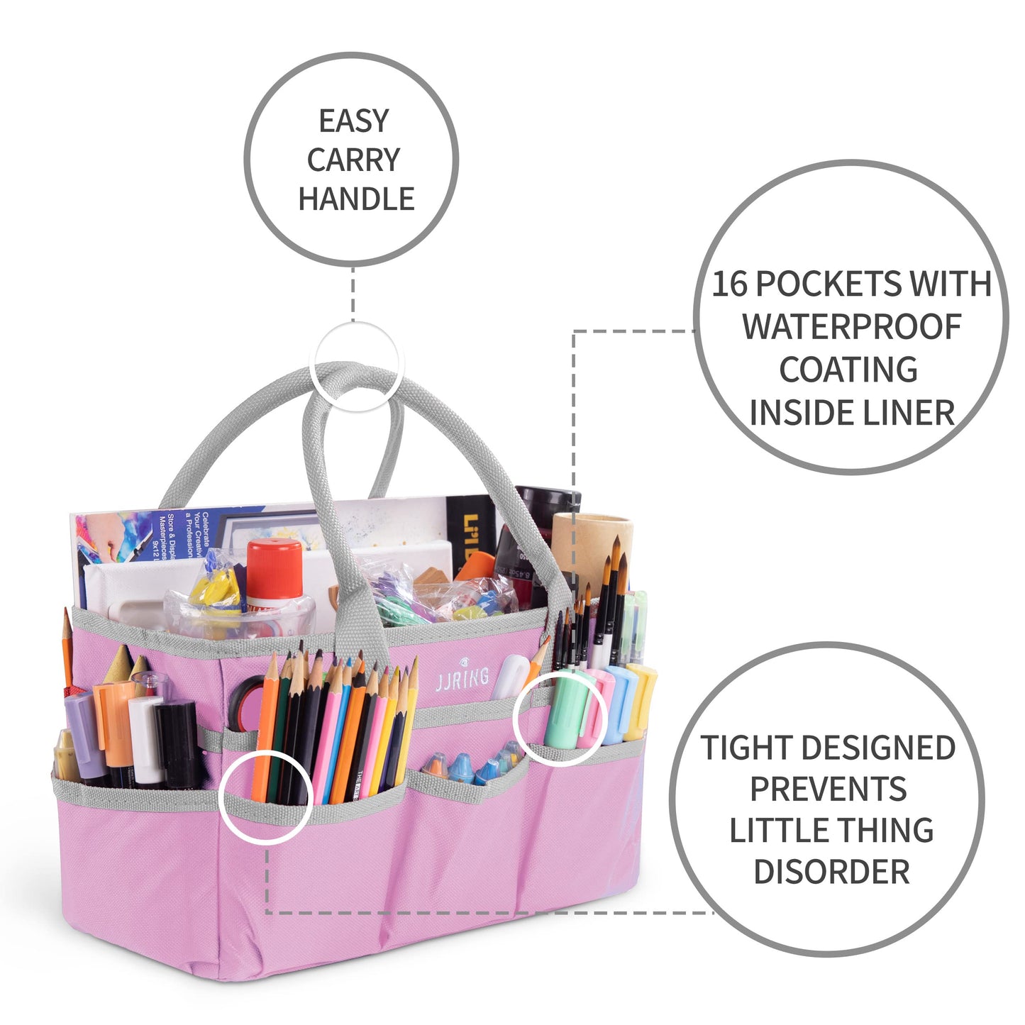 JJRING Craft and Art Tote - 600D Pink Nylon Fabric Art Sewing Organizer Bag with Pockets - for Craft, Scrapbooking, Medical, and Office Supplies Storage