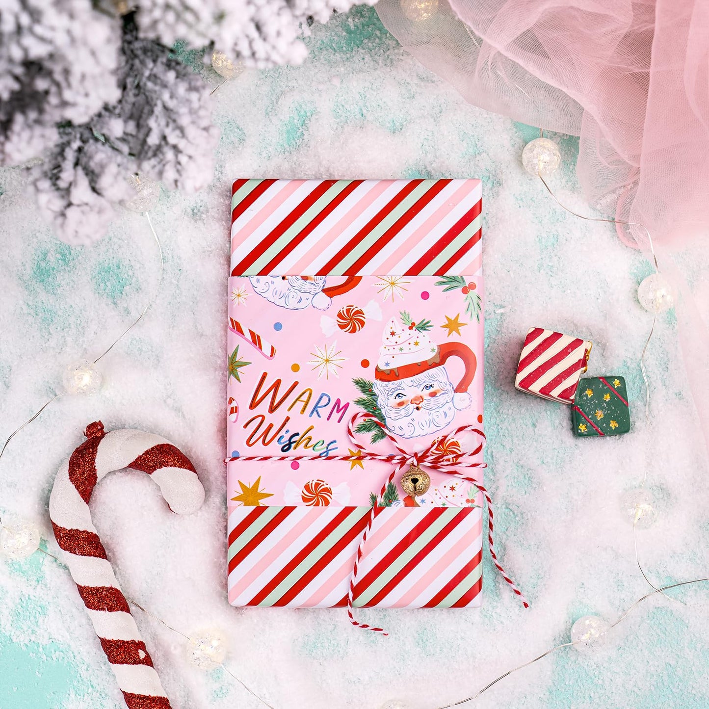 30 Inch Jumbo Reversible Christmas Wrapping Paper - 30 Inch x 33 Feet - Santa Claus Cup and Stripe Wrapping Paper for Chrsitmas, Holiday, Party Celebration