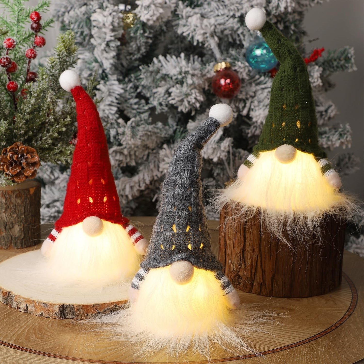Christmas Plush Gnomes, 9 Inch Lighted Handmade Mini gnome Scandinavian, Light Up Swedish Tomte Elf Holiday Present, Battery Operated Xmas Gifts Table Ornaments Dinner Party Supplies, Set of 3