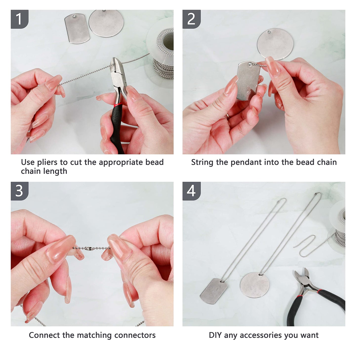 PP OPOUNT 53 Feet Ball Bead Chain, 1.5 mm Adjustable Pull Chain Beaded with 50 PCS Matching Connectors, Stainless Steel Bead Chain for Jewelry Making Necklace Keychain Dog Tag Chain