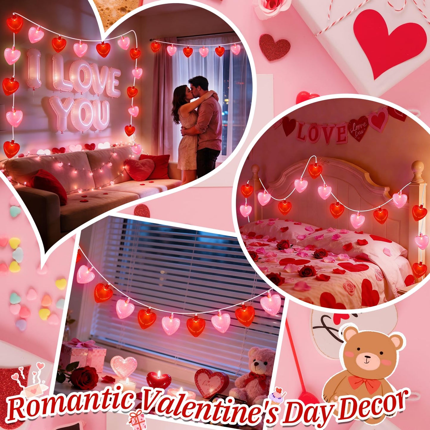 LED Valentines Day Lights - 8.5Ft Led Red and Pink Heart String Lights with Sequins, Plug in Valentine Day Heart Lights Outdoor Waterproof for Valentines Day Decorations for the Home & Party, 0.48W