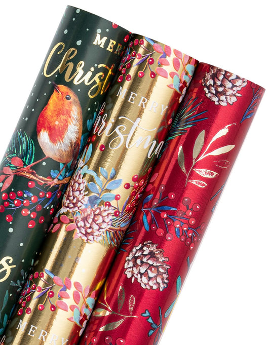 Christmas Wrapping Paper Roll - Mini Roll - 3 Rolls - 17 Inch x 120 Inch Per Roll - Bird, Christmas Garland, Holly and Pinecones Holiday Design with Metallic Foil Shine
