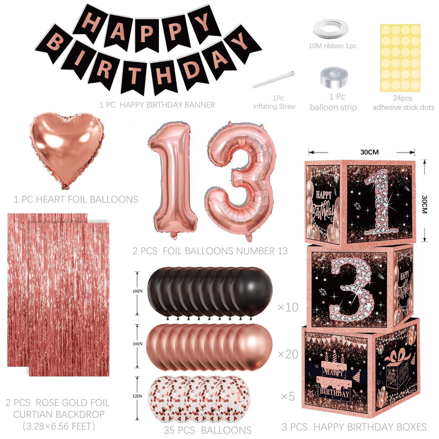 Rose Gold 13th Birthday Decorations for Girls - Official Teenager Party Supplies Include 3pcs Balloon Boxes, Number 13 Foil Balloons, Fringe Curtains, Black Pink Garland Arch Kit - Photo Prop Backdrop