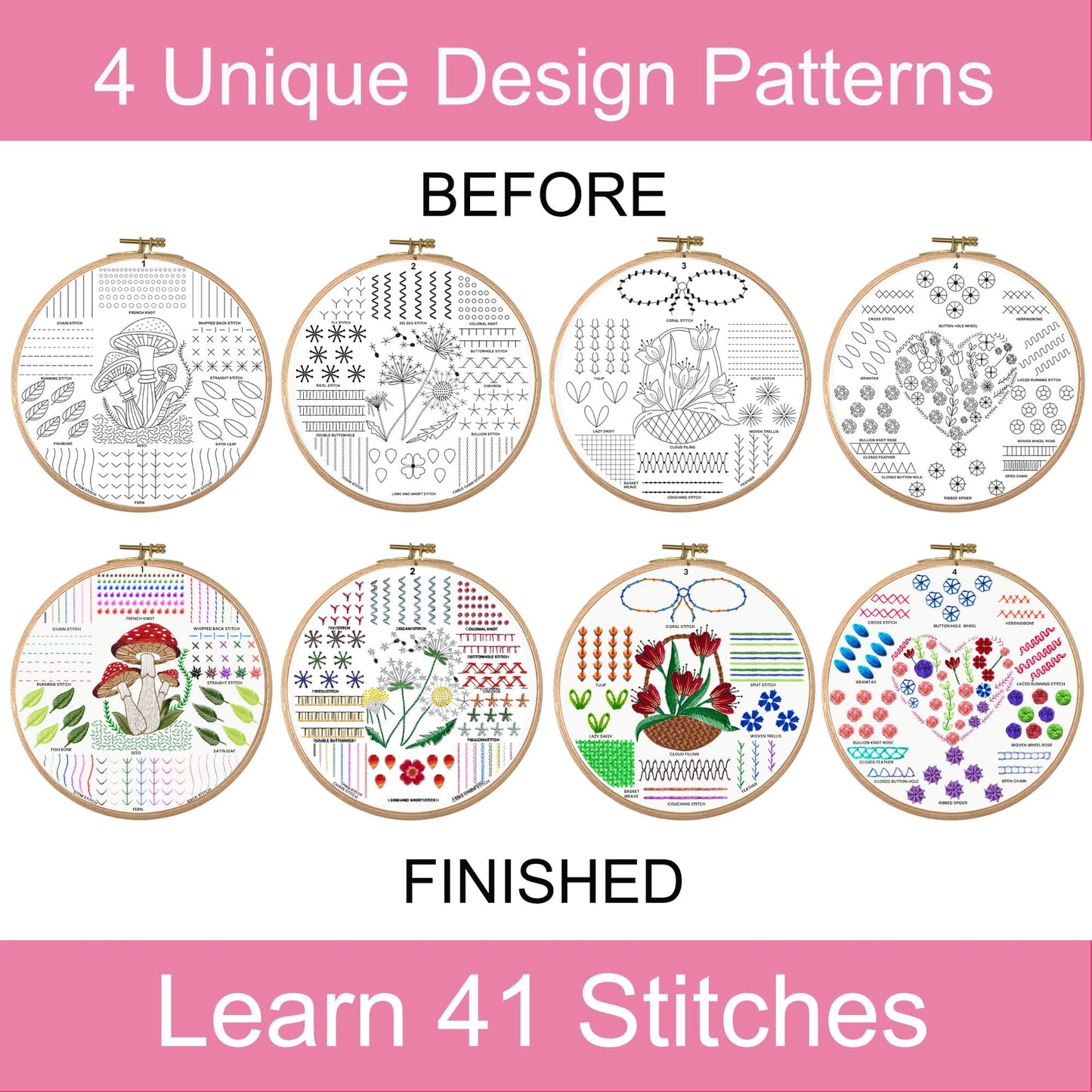 Moni Crafts Adult Beginner Embroidery Kit – 4 Pre-Printed Patterns (Flower, Mushroom, Floral, Heart) – Learn 41 Stitches, Hand Embroidery Starter Craft Set