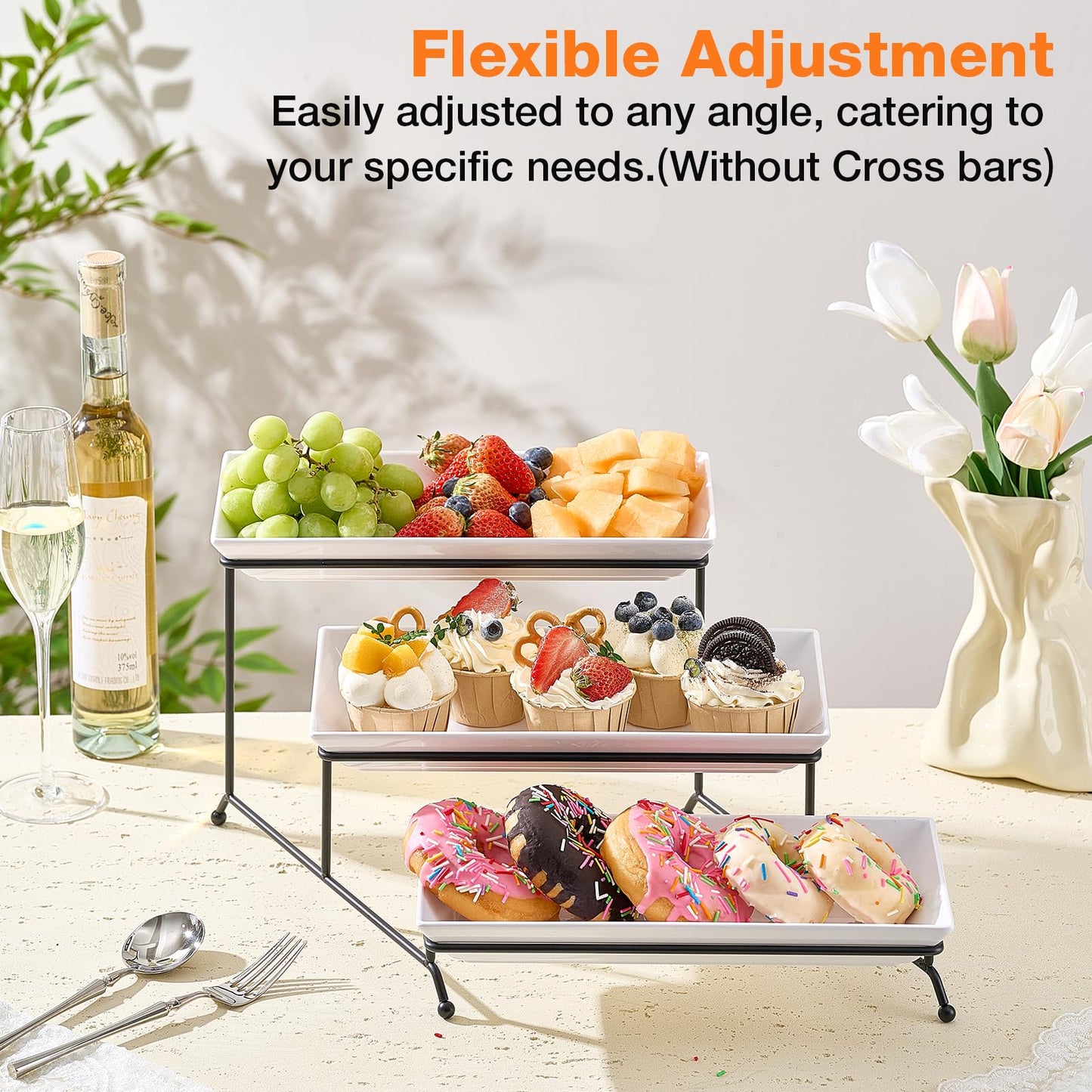 3 Tier Serving Tray Set, 12" Tiered Serving Trays Platters, Reusable Serving Tray for Party, Collapsible Sturdier Stand with Stable Cross Bars, Serving Platters for Veggie, Fruit, Dessert