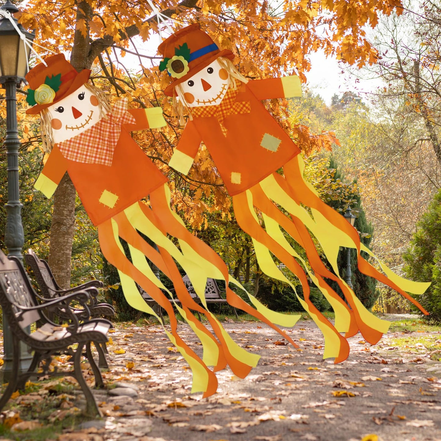 2 Pcs Fall Scarecrows Windsocks, 40 Inch Outdoor Autumn Wind Sock Thanksgiving Hanging Scarecrow Decorations for Garden Patio Party Home Yard Decor