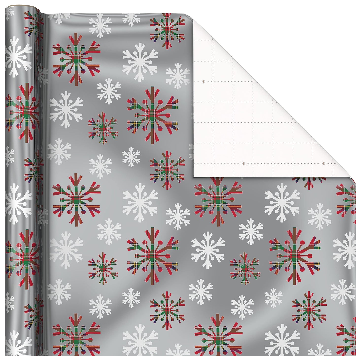 Foil Christmas Wrapping Paper with Cut Lines on Reverse (3 Rolls: 60 sq. ft. ttl) Plaid Snowflakes, Snowmen, Red, Green and Blue Plaid