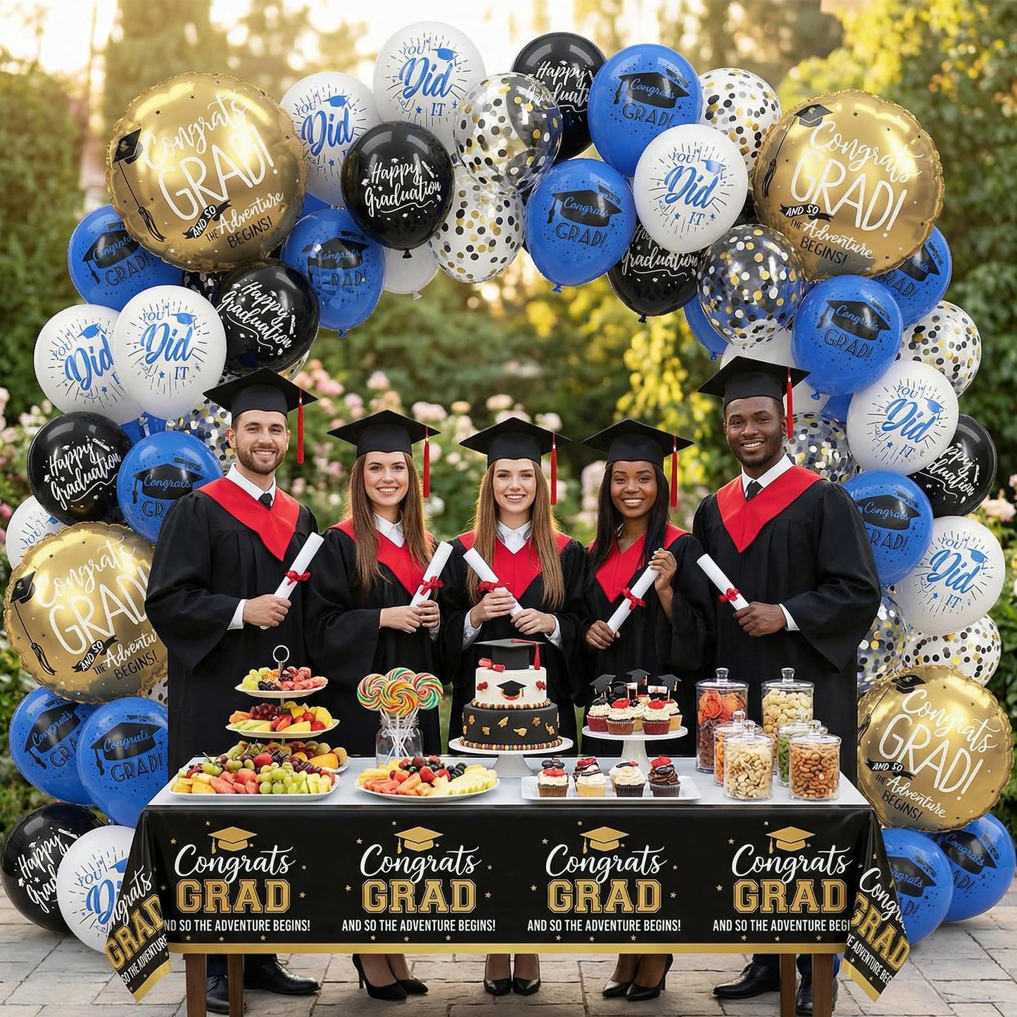HILAVO Blue and Black Graduation Balloons 2026 Graduation Decoration 18 In Grad Foil Balloon Royal Navy Blue Black White Print Balloon for Class of 2026 Congrats Grad Party Decor College High School