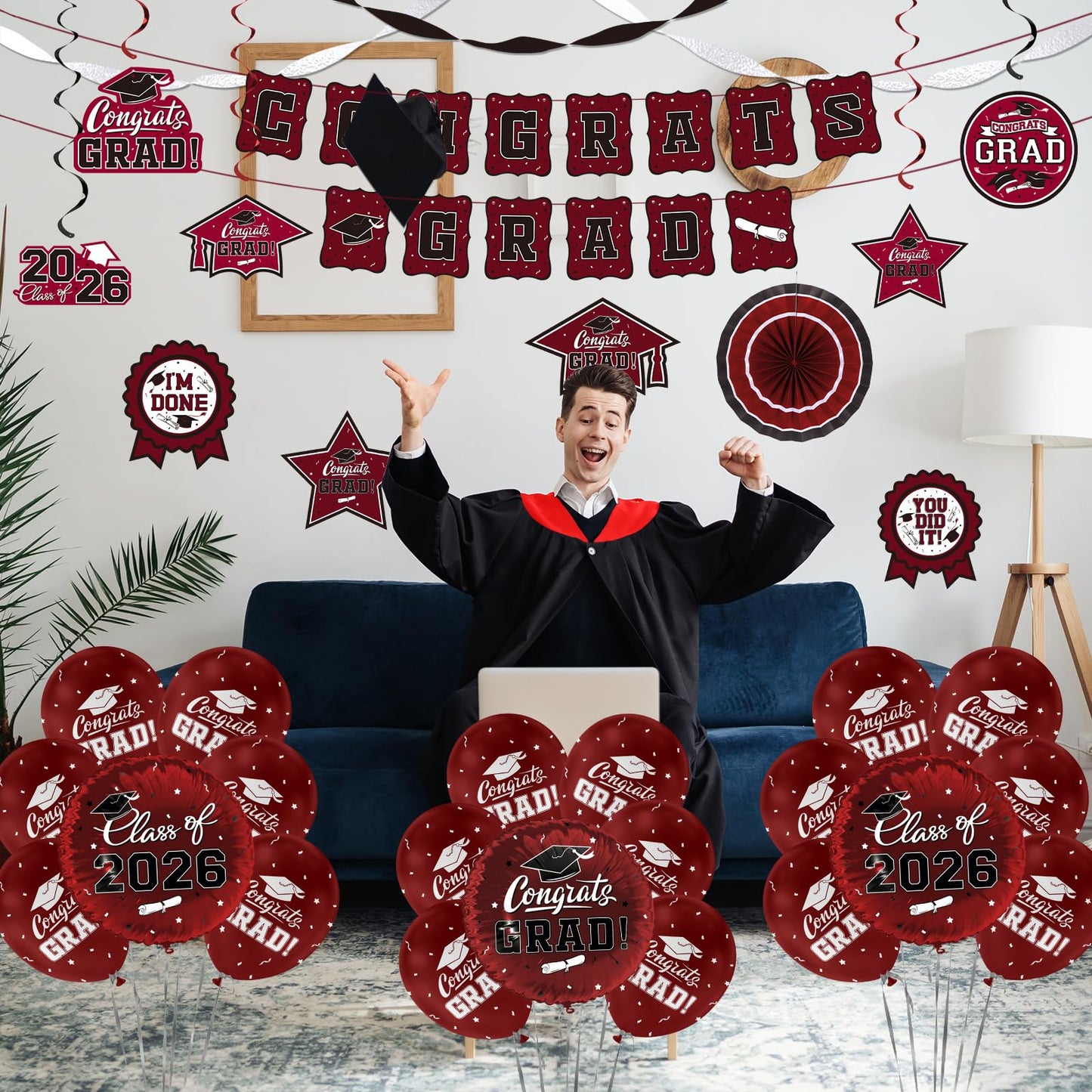 Maroon Themed 2026 Graduation Decorations Set - Congrats Grad Banner, Class of 2026 Backdrop, Balloons & Streamers Kit - Complete Party Supplies for High School & College Celebrations