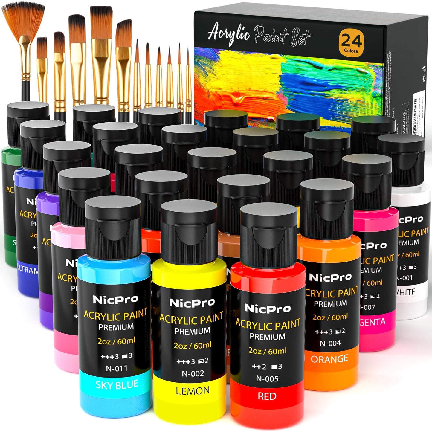 Acrylic Paint Set, 24 Colors with 12 Brushes & Palette, Non Toxic Art Supplies Kit for Painting Fabric, Canvas, Clay, Wood, Rock & Ceramic, Easter Egg, Rich Pigments for Beginners, Students & Professional Artists (2 oz, 60 ml)