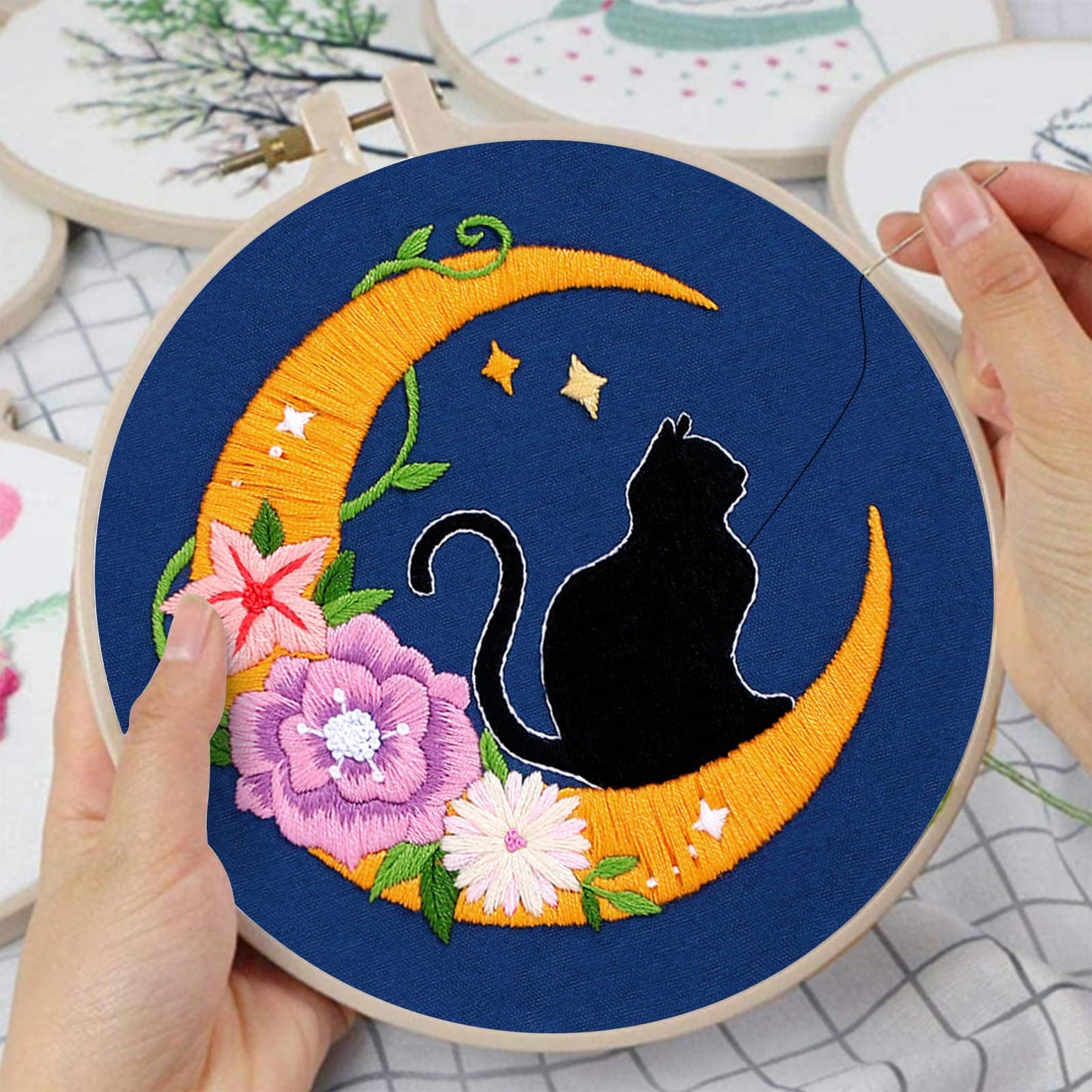 Louise Maelys Cat Moon Embroidery Kits for Beginners with Floral Pattern,Adults Starter Cross Stitch Kit DIY Needlepoint