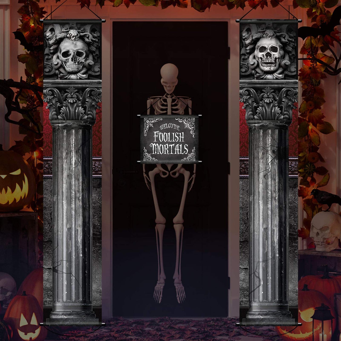 2 Pieces Halloween Gothic Mansion Banners Halloween Skull Hanging Banners with Welcome Foolish Mortals Porch Sign Spooky Pillar Sign Decorations for Outdoor Party Supplies