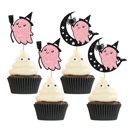 24Pcs Pink Halloween Cupcake Toppers Pink Ghost Little Boo Cake Toppers Decorations for Pink Girl Halloween Birthday Baby Shower Party Supplies