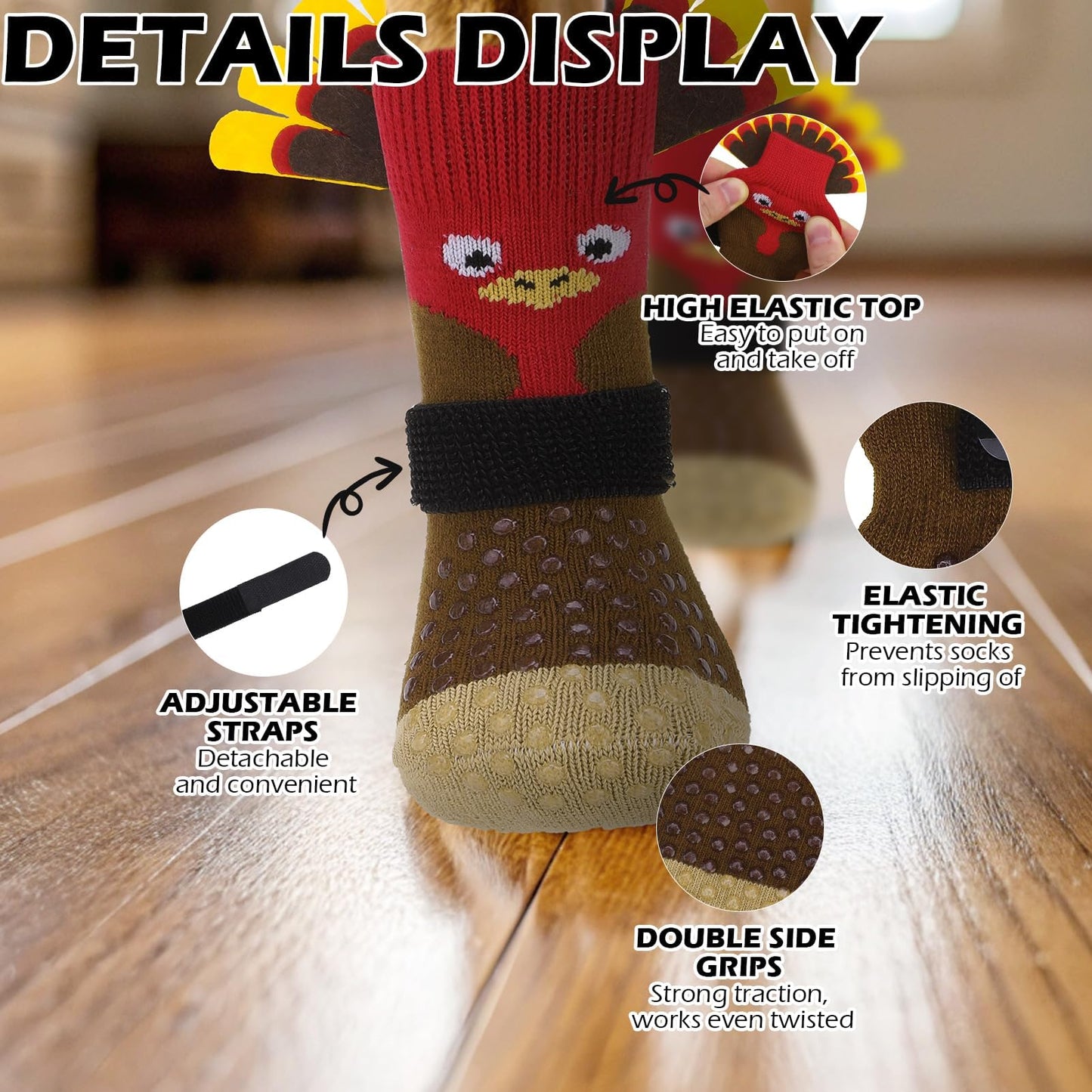 Thanksgiving Anti Slip Dog Socks to Prevent Licking Paws,Boots & Paw Protectors with Grippers,Doggie Booties for Hardwood Floors for Small Medium Large Senior Dogs Lifelike Costume Turkey L