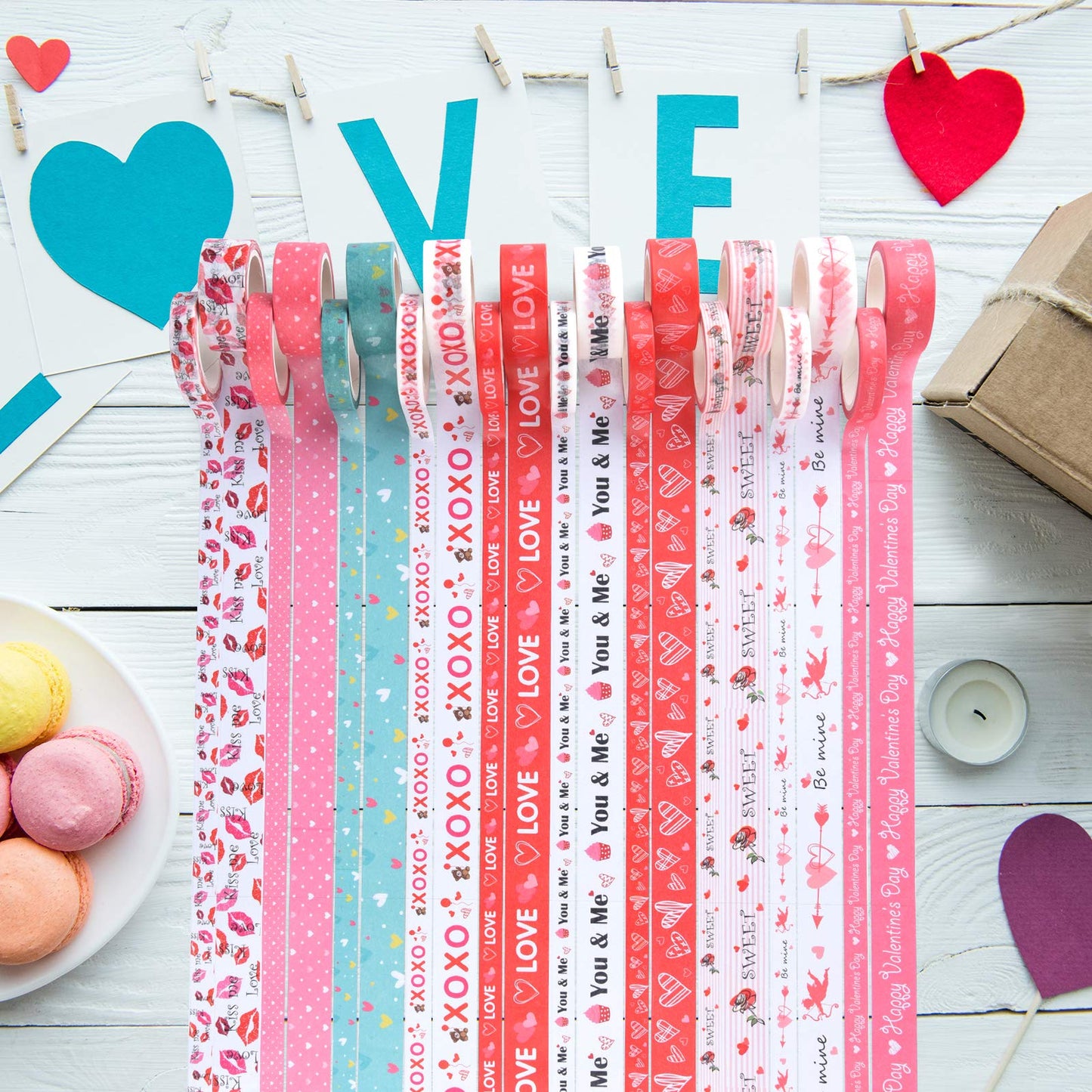 20 Rolls Valentines Washi Tape Set, Pink Heart Washi Tape 8MM/15MM Wide Love Craft Tape Valentines Gift Wrapping Tape for DIY Valentine's Day Greeting Card, Holiday Party Supplies