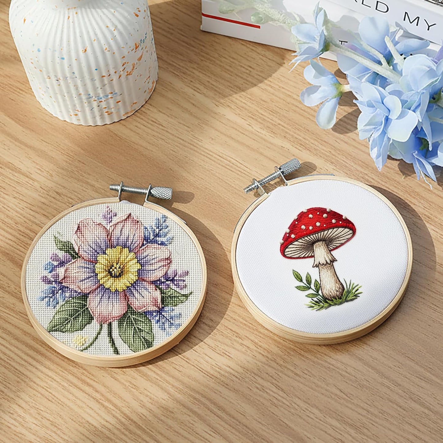 12 Pieces 3 Inch Wooden Round Embroidery Hoops Adjustable Circle Cross Stitch Hoop Ring Bulk for Christmas Home Ornaments, Art Craft Handy Sewing