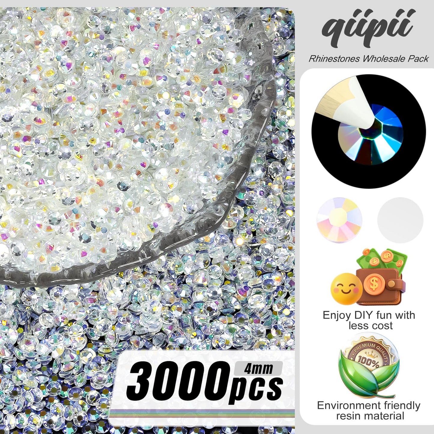 qiipii 3000PCS 4mm Transparent White Ab Resin Rhinestones for Crafting Flatback Jelly Stones Bulk SS16 Clear AB Diamonds Gems Charms for Nails Face Eyes Makeup Tumblers Bottles DIY Crafts Clothes