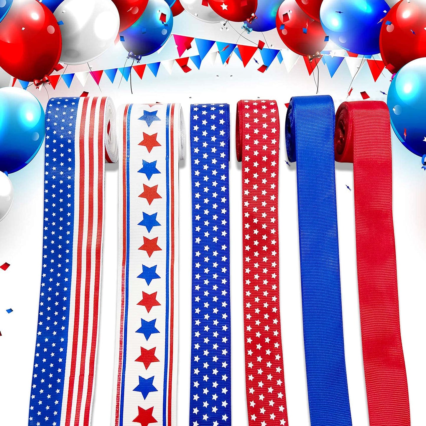 4th of July Decorations Ribbon - Red White and Blue Ribbon Decorations 4th of July Ribbons Patriotic Memorial Day Decoration, 6 Rolls X 15 Feets (Total 90 Feets) DIY Patriotic Ribbons Crafts