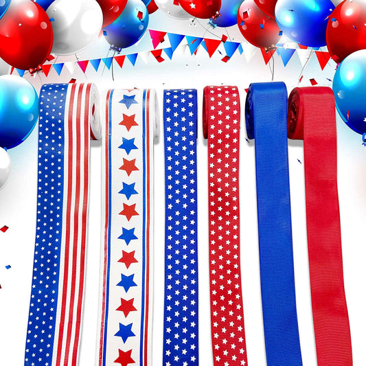 4th of July Decorations Ribbon - Red White and Blue Ribbon Decorations 4th of July Ribbons Patriotic Memorial Day Decoration, 6 Rolls X 15 Feets (Total 90 Feets) DIY Patriotic Ribbons Crafts
