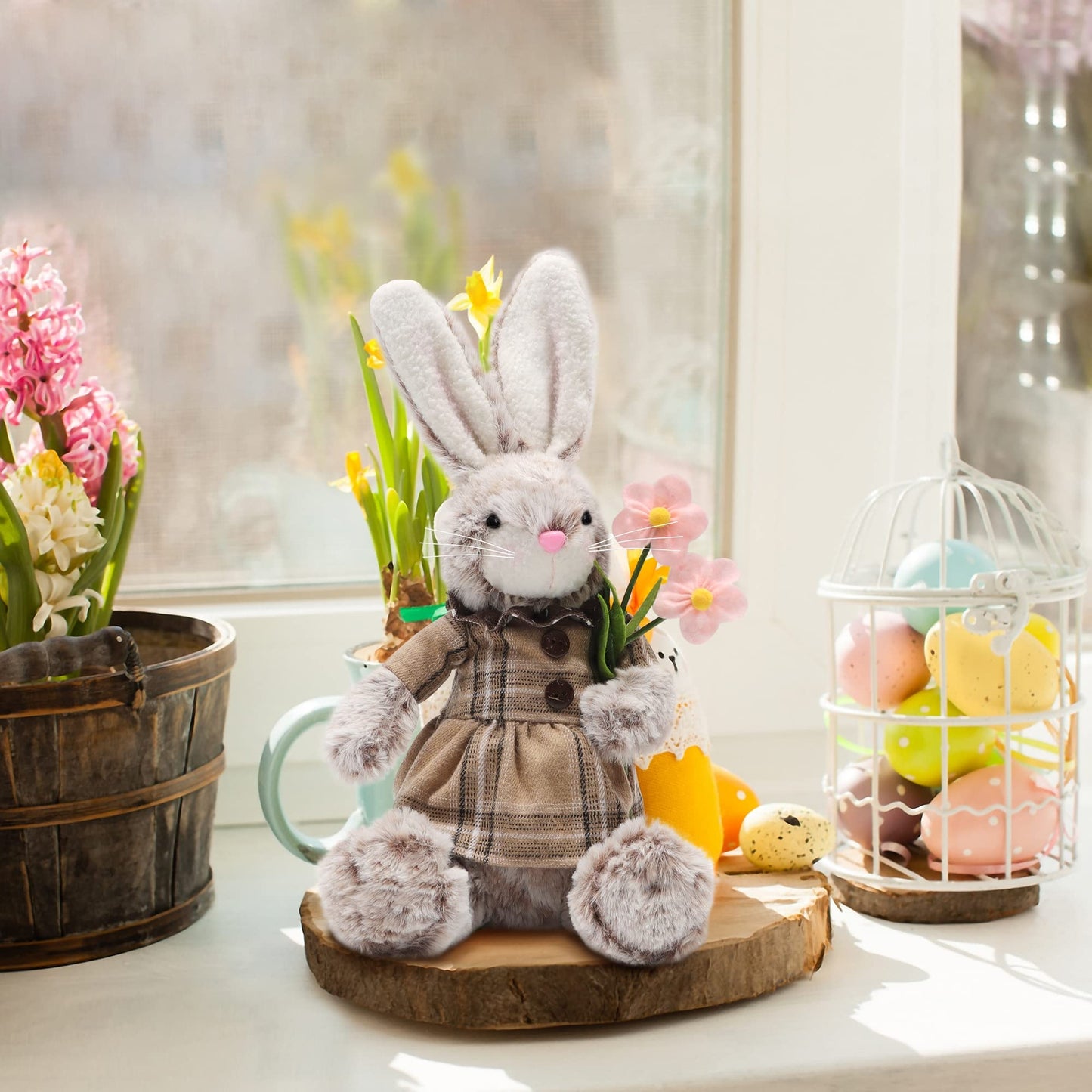 2 Pack Easter Bunny, 12.6" Handmade Huggable Rabbits Couple, Easter Basket Rabbits, Cute Bunny Party Favor Figurine, Spring Tabletop Holiday Room Decorations