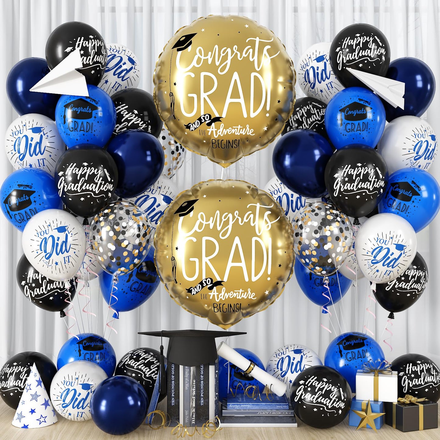 HILAVO Blue and Black Graduation Balloons 2026 Graduation Decoration 18 In Grad Foil Balloon Royal Navy Blue Black White Print Balloon for Class of 2026 Congrats Grad Party Decor College High School