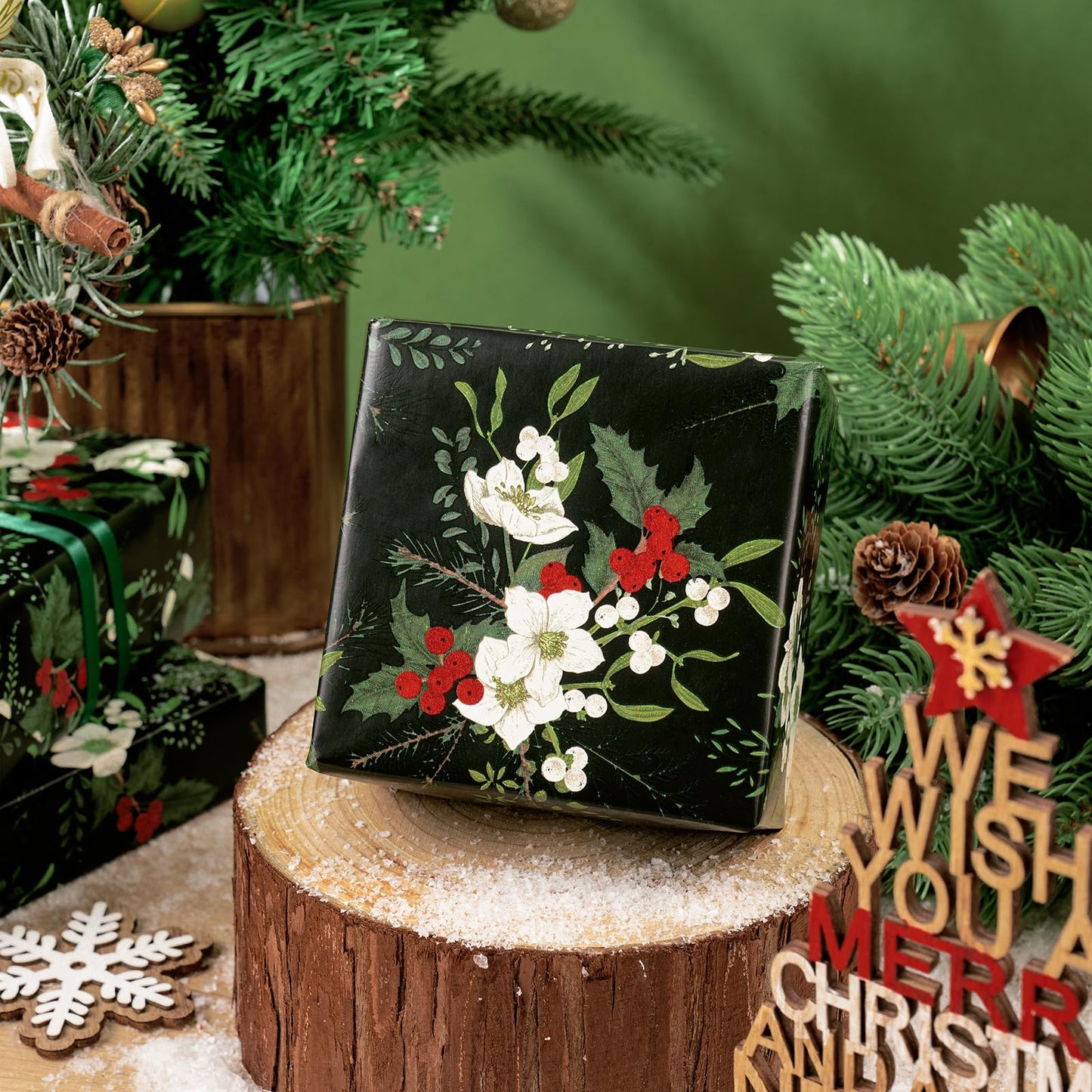 Christmas Wrapping Paper - Mini Roll - 17 Inch x 33 Feet - White Floral Wrapping Paper with Green Leaves and Red Berries for Xmas Holiday, Party Celebration