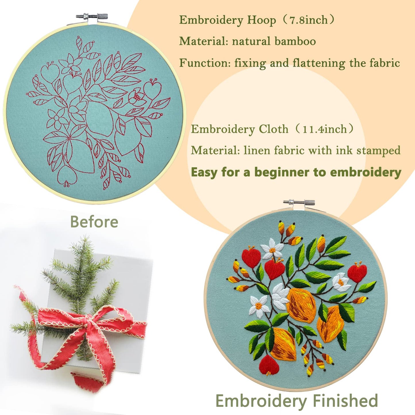 Picoey Modern Flower Heart Embroidery Kit for Beginners with Pattern and Instructions,4 Pack Cross Stitch Kits,2 Wooden Embroidery Hoops,Threads and Needles,Needlepoint Kit for Adults
