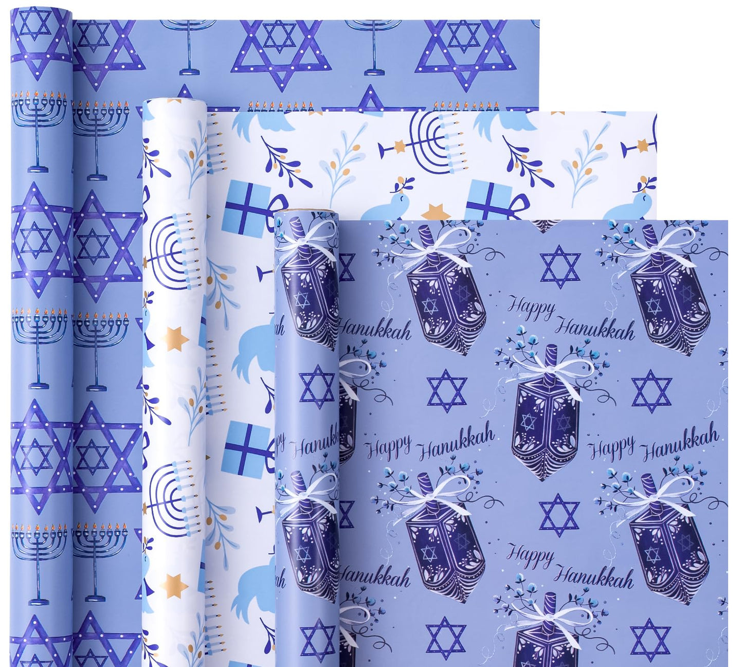 Hanukkah Wrapping Paper Roll - Mini Roll - 3 Rolls - 17 Inch x 120 Inch Per Roll - Menorah Lights, the Star of David and Dreidels Design