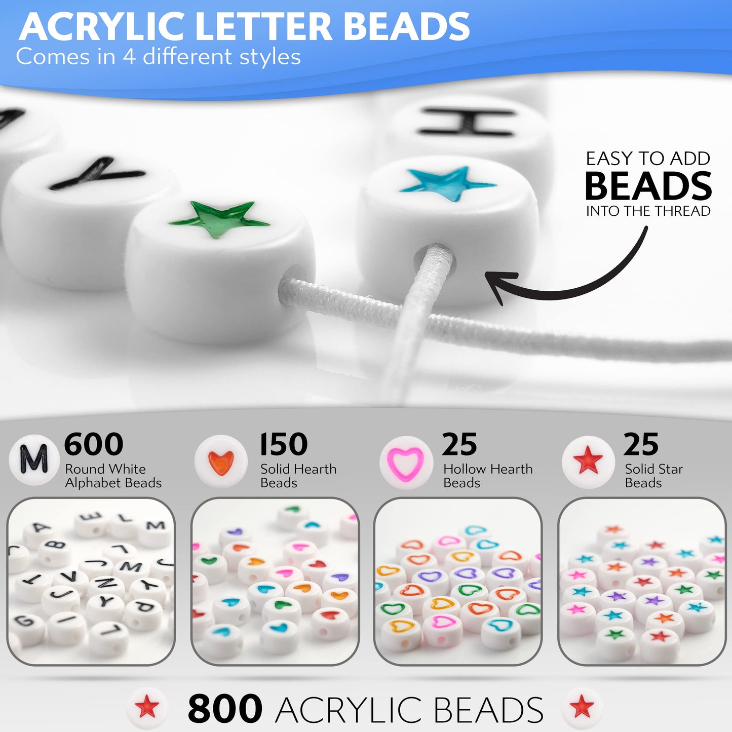 Stylo 800 PCS Letter Beads for Bracelets, Colorful Alphabet Beads for Jewelry Making with Acrylic Round Beads, Heart, Star Charms and 52' Elastic String Thread