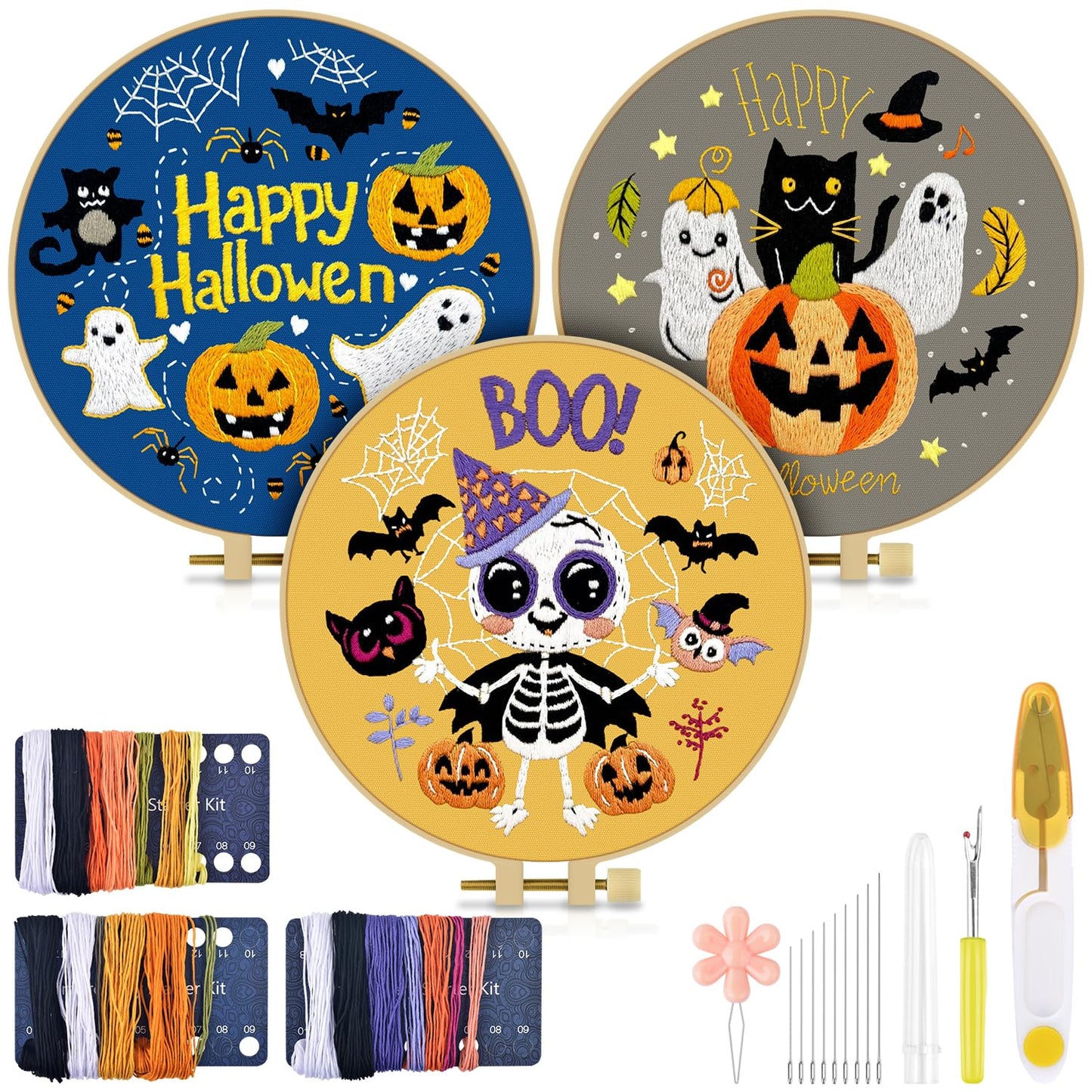 TINDTOP Halloween Embroidery Kit for Adult, 3 Pack Embroidery DIY Starter Kit, with Stamped Patterns, Hoop, Tools, Colorful Threads with Needles, Instructions
