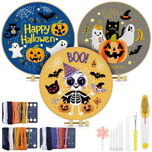 TINDTOP Halloween Embroidery Kit for Adult, 3 Pack Embroidery DIY Starter Kit, with Stamped Patterns, Hoop, Tools, Colorful Threads with Needles, Instructions